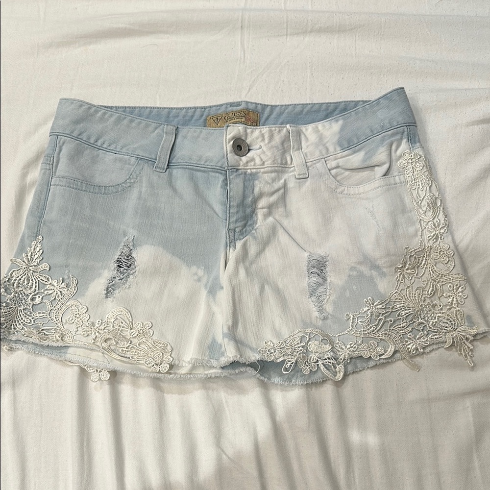 Women's Light Denim Distressed and Bleached Lace Trim Shorts